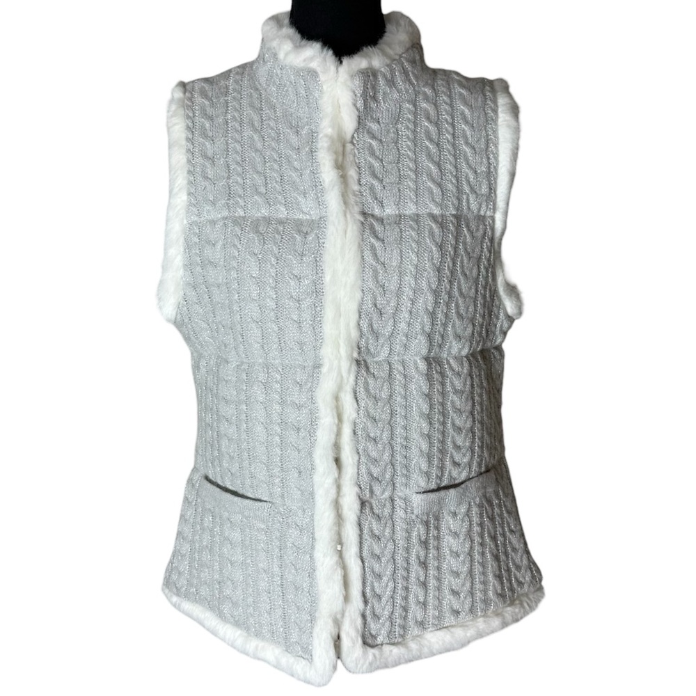 TALBOTS New Faux Fur Trim Metallic Cable Knit Wool Vest Quilted Tinsel Medium